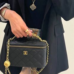 Chanel beauty black makeup vanity bag cosmetic chain included