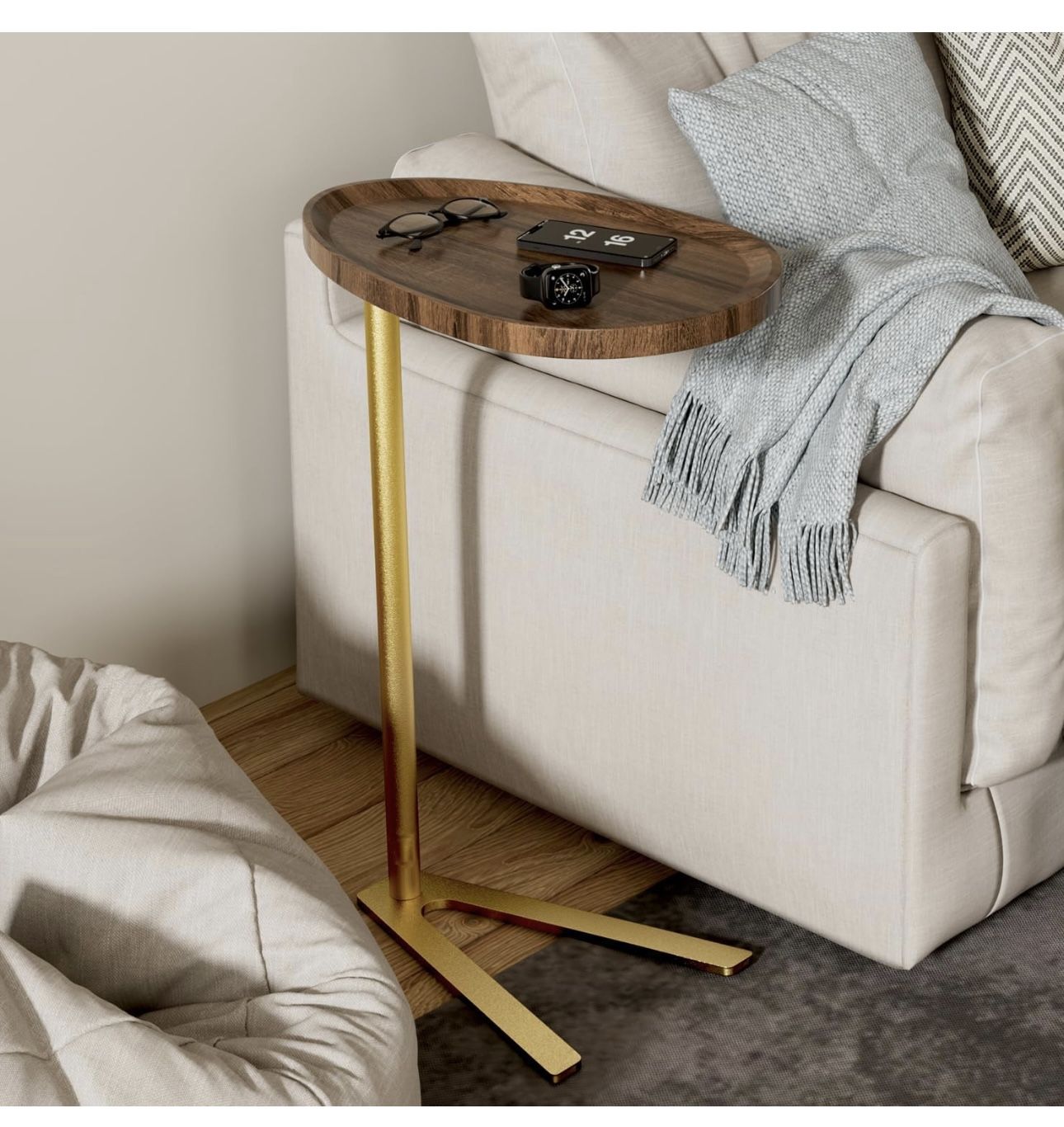 Modern V Shaped Side Table, NarrowSide Gold End Bedside Desk, Coffee Table Wood Stand Walnut Colour