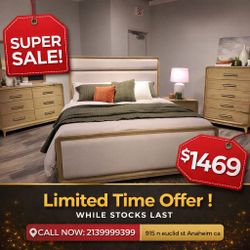 Natural finish chenille fabric headboard and footboard 4 Piece Queen Size Bedroom Set ( Included Bed Frame /Dresser /Mirror/ Nightstand )