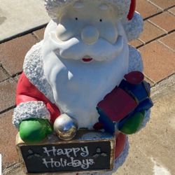 Christmas Santa Claus with Holiday Greeting Sign, 48" Height, Outdoor Yard Display, Minimal Paint Loss, Indoor & Outdoor, Heavy Piece, Good Condition.