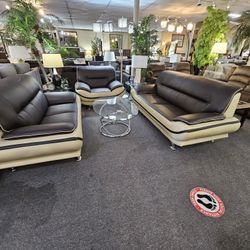 Brand New Brown/Biege Or Yellow/Brown Bonded Leather 3PCs Modern Living Room Set