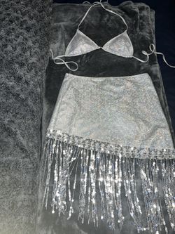 Disco Sequin Rave Bikini Top And Skirt With Fringe