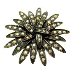 Starburst Statement Brooch Pin , Shooting Star, Antiqued Brass, AB Glass Rhinestones, Retro Vintage Jewelry Gift  	 