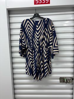 Women's Blue/Beige Geometric Romper V-Neck 3/4 Sleeve One-Piece Size XL