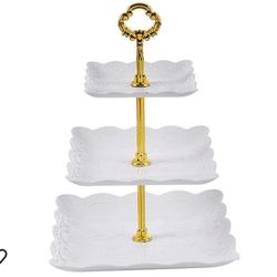
3 Tier Plastic Cupcake Stand, Tiered Serving Cake Stand, Square White Embossed Dessert Stand, Weddings Parties Pastry Serving Tray (White)