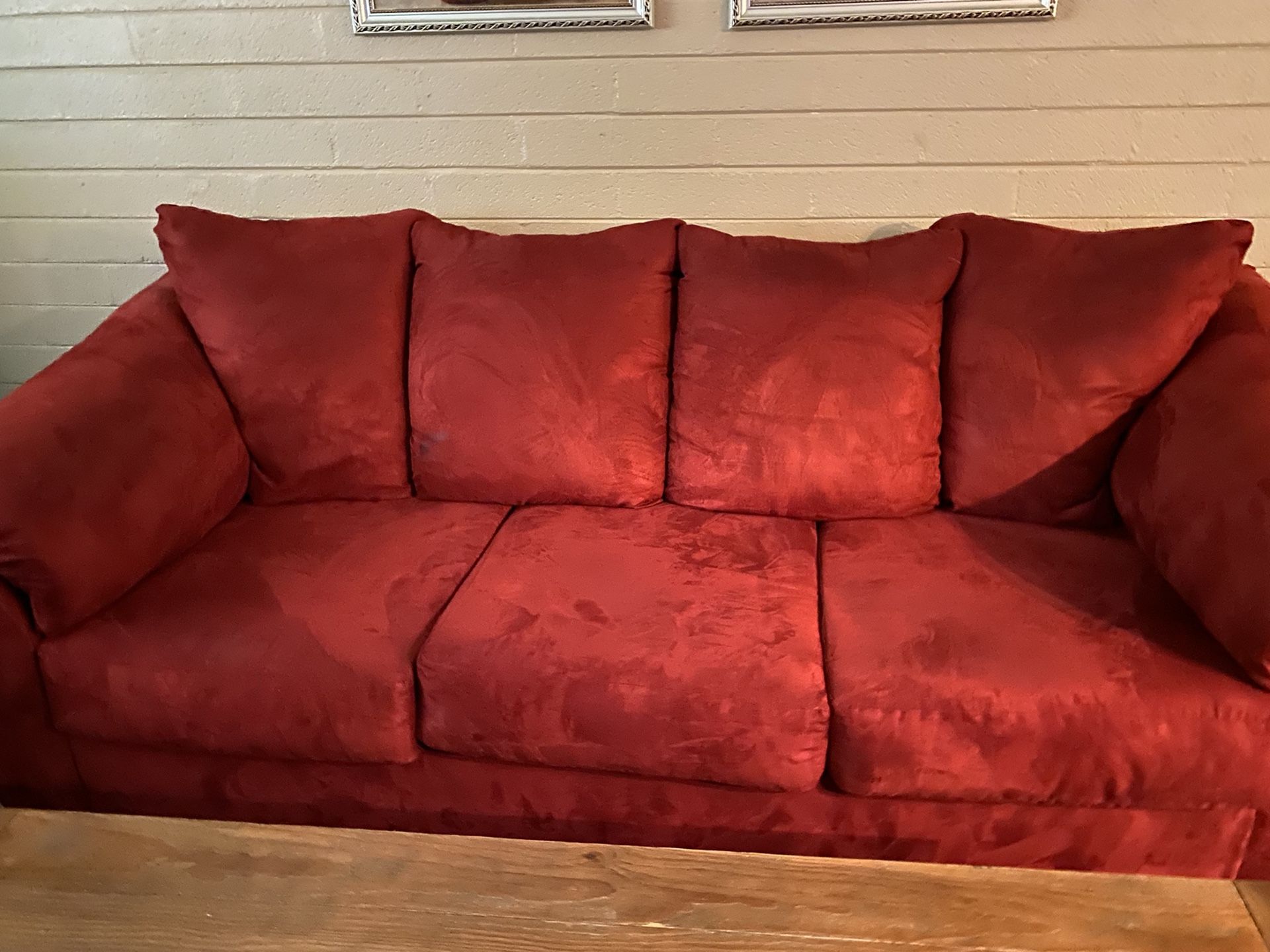Red Loveseat And Coach - Brown Couch And Chair Stainless Still Refrigerator , Fireplace ,