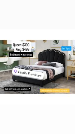 Black fabric material bed frame with led light on headboard