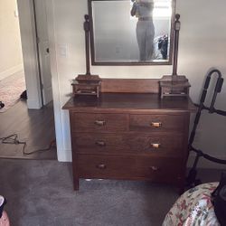 Vintage solid wood dresser with attached mirror
