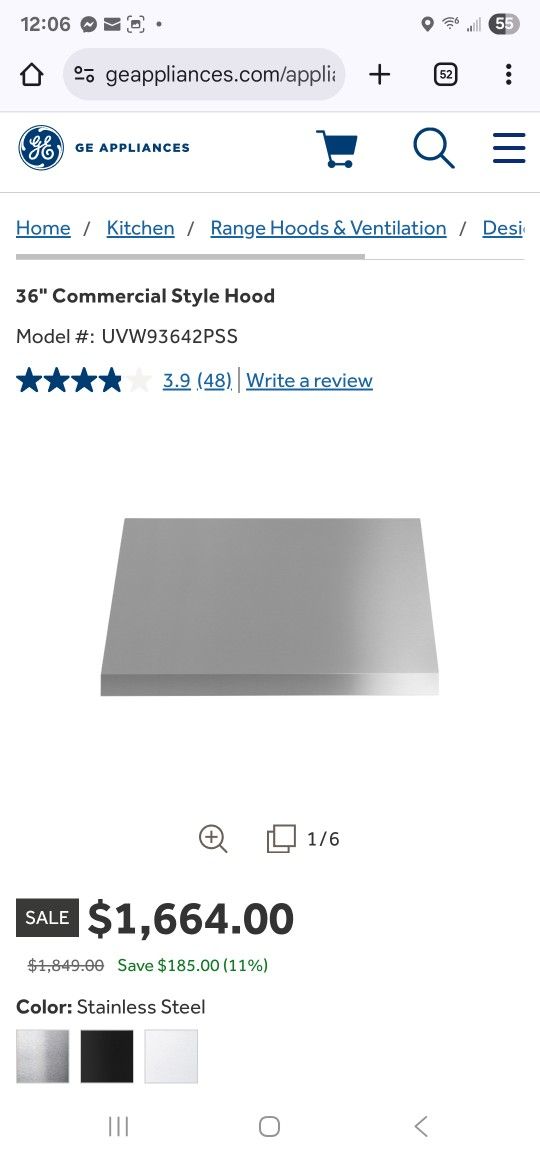 Ge 36in Commercial Style Hood New 