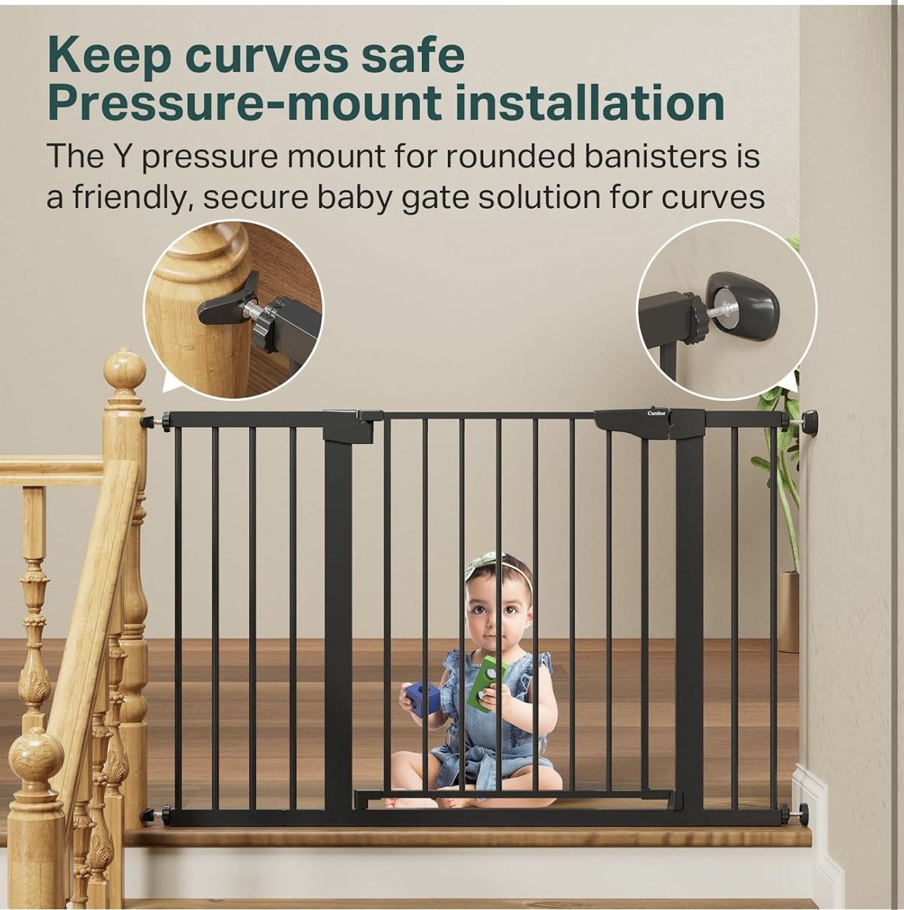 Cumbor 29.7”–48” Baby Gate for Stairs & Doorways, Auto-Close Safety Gate, Black