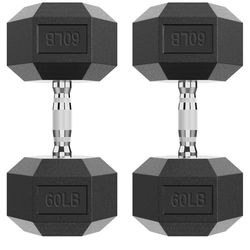 New- RitFit Dumbbell Set, Set 2 of 60 LB Rubber Encased Exercise & Fitness Dumbbells, Weights