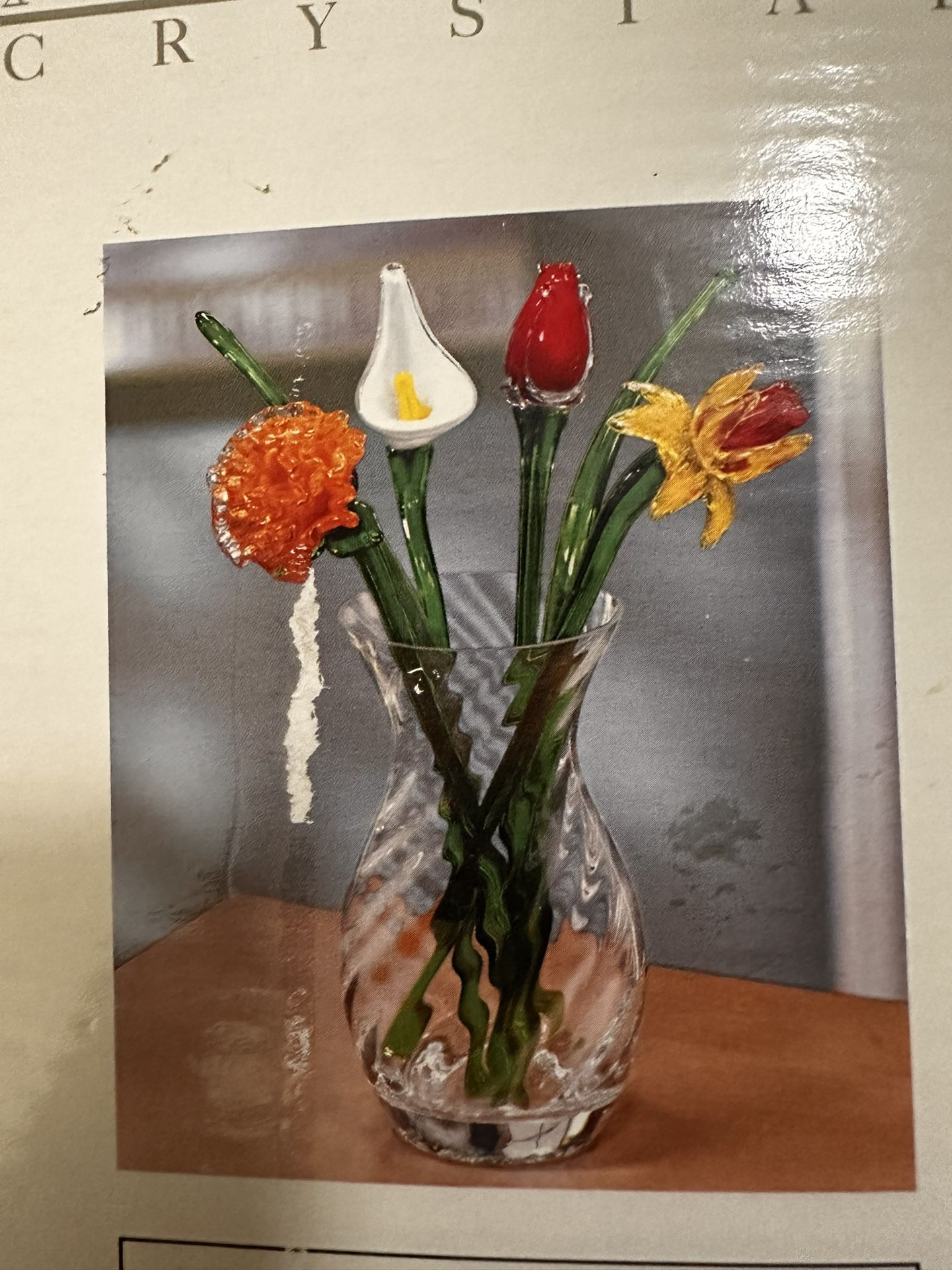 Beautiful Set Of Seven Glass Pieces: 4 Flowers, 2 Stems And A Vase With Tags Perfect Mothers Day Present 