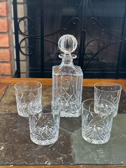 Vintage Glass Decanter & 4 Whiskey Glasses Set