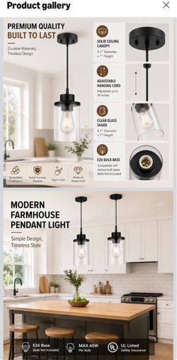 Modern Black Farmhouse Clear Glass Cylinder Pendant Light Fixture