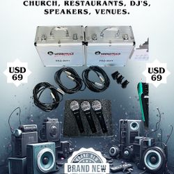 Set of three wired microphones!! Perfect for church, restaurants, DJ's, speakers, venues.
