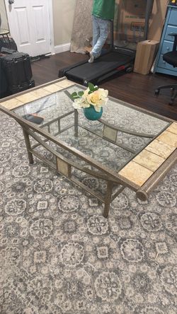 Glass Top Coffee Table with Tile Accents and two end tables