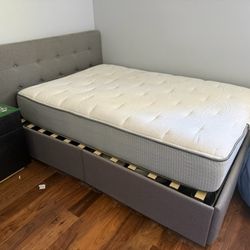 Gray Upholstered Queen Bed Frame With Storage Drawers On Both Sides