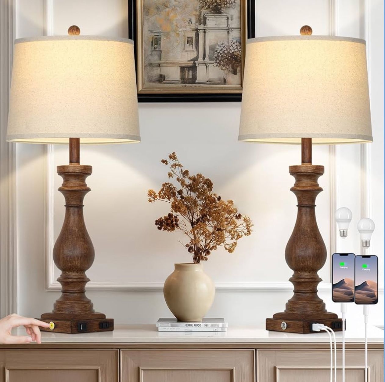 Cinkeda Set of 2, 29" Tall Farmhouse Table Lamp Vintage Retro with USB C+A Ports & AC Outlet,3-Way Dimmable Touch Bedside Lamp for Bedroom Side Table,