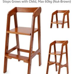 Nut Brown High Chair For Toddlers To Teens, Adjustable Dining Feeding Chair With Steps Grow With Child, Max 132 lbs 