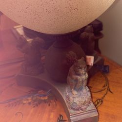 Vintage Lamp 3 Squirrels Base & Large Glass Top