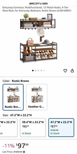 Entryway Furniture, Multifunctional, 12 Metal Hooks, 4-Tier Shoe Rack, for Entryway, Bedroom, Rustic Brown