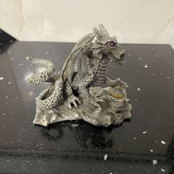 1990 Sunflower Designs Semicolon Pewter 4”Dragon with Orb and Red Glass Eyes 4”