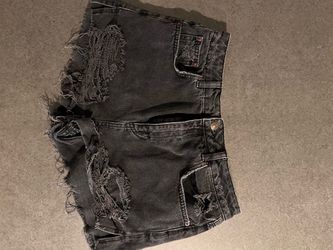 Topshop Size 12 Black Distressed Denim Mini Skirt
