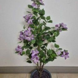 *** NEW LOW PRICE *** 50" Faux Purple Hibiscus Topped w Amethyst Stone / Blue Circle Planter @ Lasting Creations