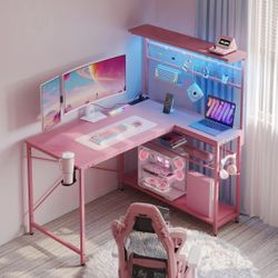 Q120-42 L Gaming Desk,Computer Desk with Power Outlets, LED Lights, Reversible Corner Desk with 4-Tier Shelves,Cup Holder & Hook Carbon Fiber Pink