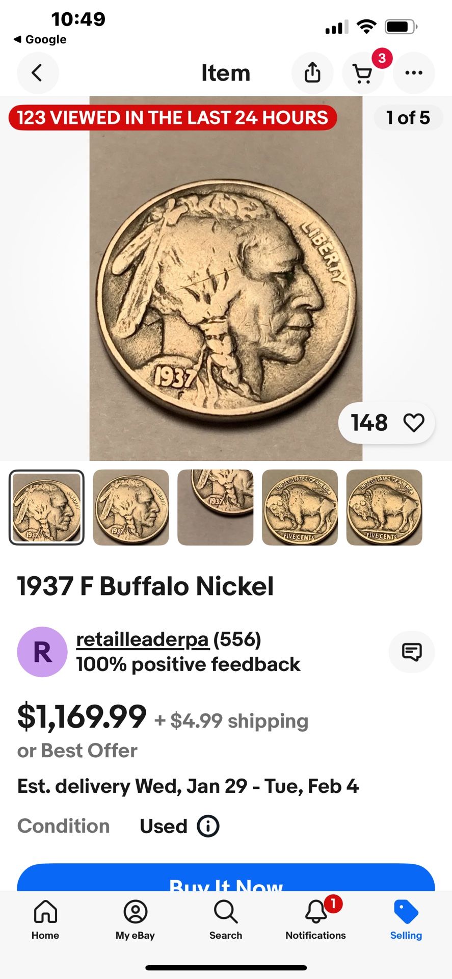 1937 F Buffalo Nickel
