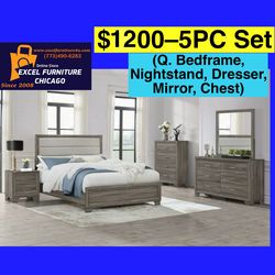 🌺 FREE DELIVERY 🌺Brand New 5PC Queen Size Bedroom Set ( Queen Bed, NS, Dresser, Mirror, Chest)