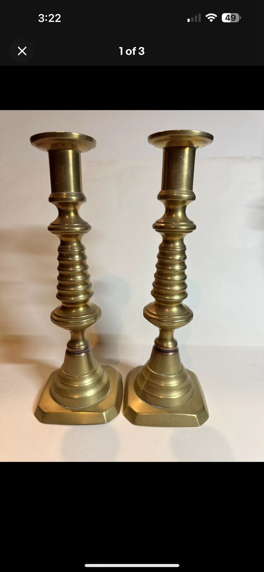 Pair Brass Spool Candlesticks, Brass Candle Holders