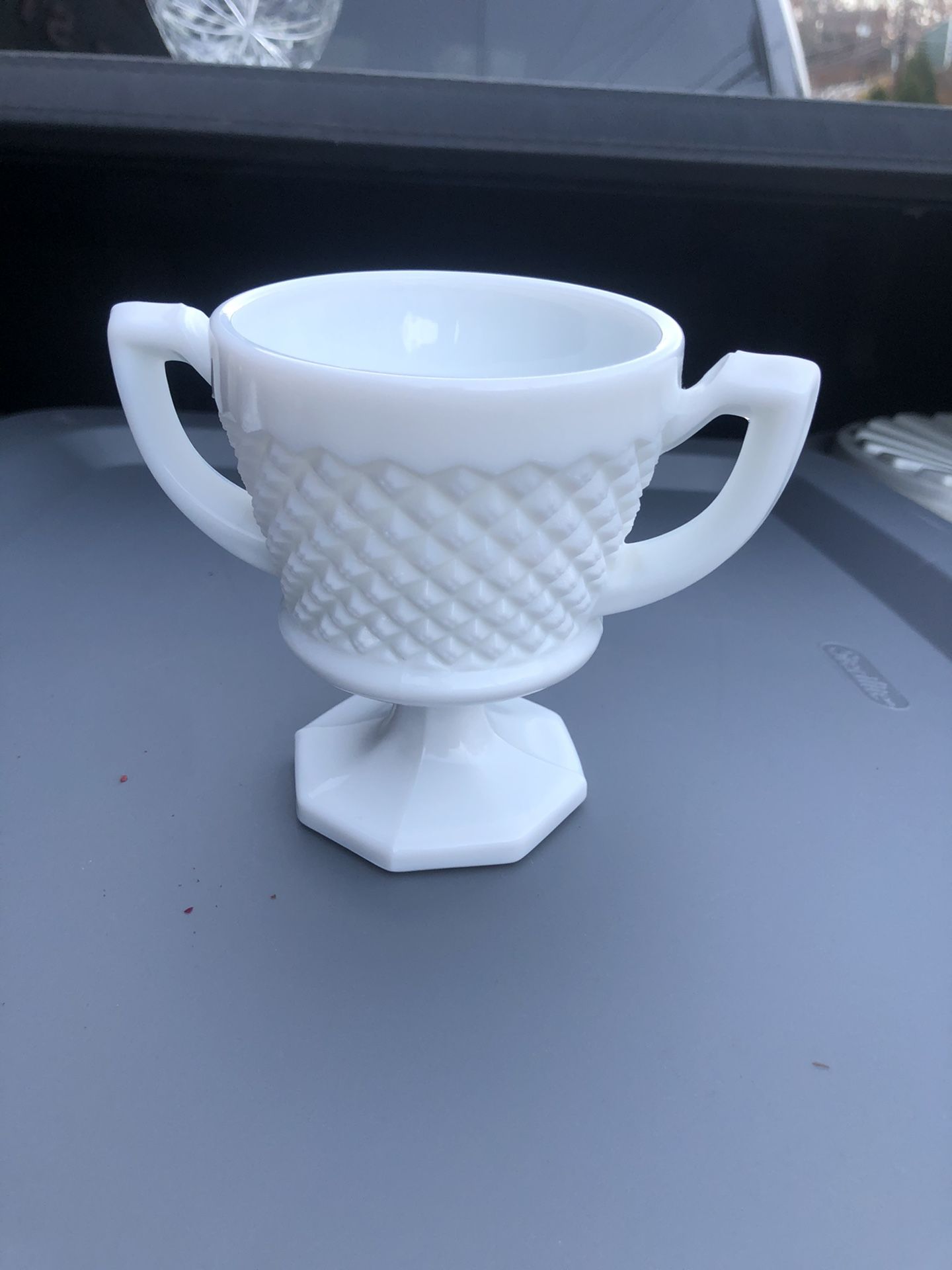 Fenton white Milk Glass, hobnail, small goblet with two handles