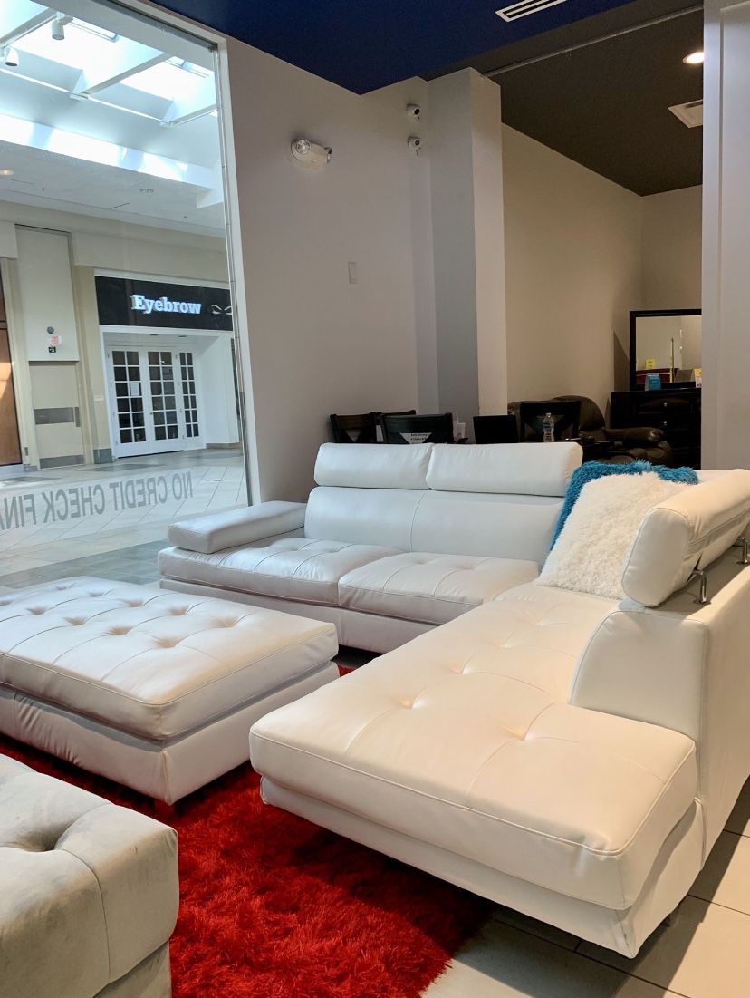 White Leather Sectional Sofa With Ottoman ** $50 Down No Credit Needed ** Same Day Delivery
