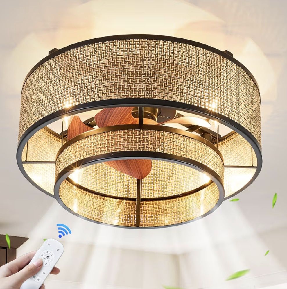 18.9" Boho Caged Ceiling Fan with Lights Remote, 4-Light Vintage Rattan Woven Chandelier Fan with Light Reversible Motor, Chandelier Ceiling Fan for B