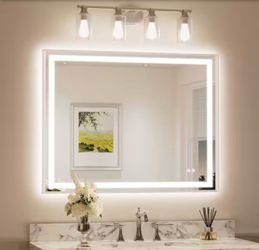 KeonJinn 40 in. W x 32 in. H Framed LED Lighted Bathroom Vanity Mirror with Light in Brushed Nickel with Backlit and Anti-Fog