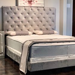 Brand New Queen Size Grey Diamond Button Tuffed Velvet Bed Frame With New Mattress 