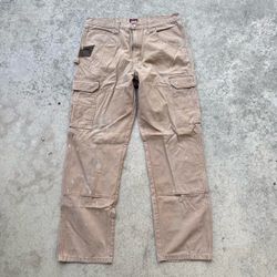 Distressed Wrangler Double Knee Carpenter Workwear Tan Brown Pants 34x32