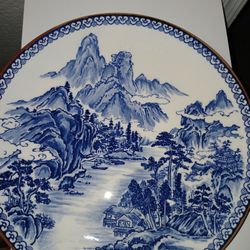 Asian Blue & White Charger River Mountain Village Scene 
