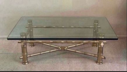 Antique Vintage Mid Century Modern Hollywood Regency Gold Glam Thick Faux Bamboo Base Glass Top Coffee Cocktail Table