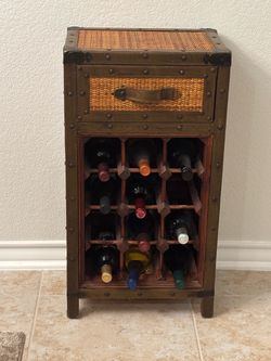 Rustic Wood and Wicker Wine Rack Cabinet