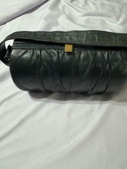 Vintage Mardone USA black leather clutch purse features a distinct ruched design and a gold-tone square hardware closure