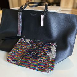 Victorias Secret Black Faux Leather Tote Set