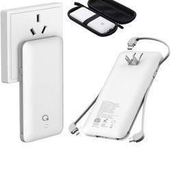 10000mAh Portable Charger, Q Ultra Slim USB C Power Bank, 4 Output Dual Input External Battery Pack with Built-in Cabels AC Wall Plug, Compatible with