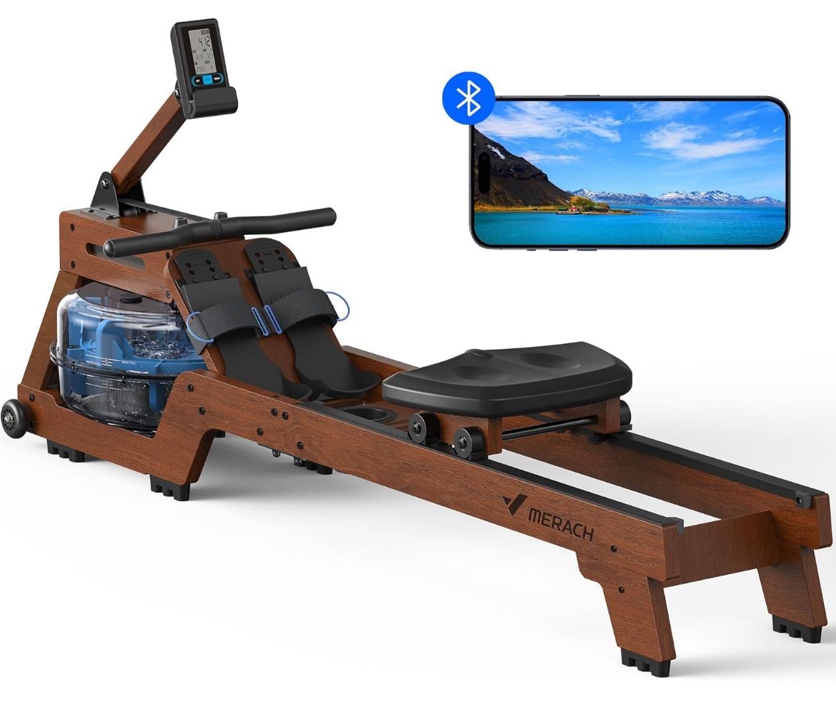 MERACH Water Rowing Machine for Home Use, Finest Solid Wood Row with Professional Monitor, Bluetooth-Connected APP for Immersive Rower, Newly Upgraded