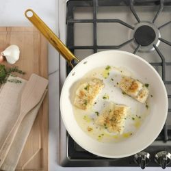 Martha Stewart 12-Inch Ceramic Nonstick Skillet, Linen with Gold Handle