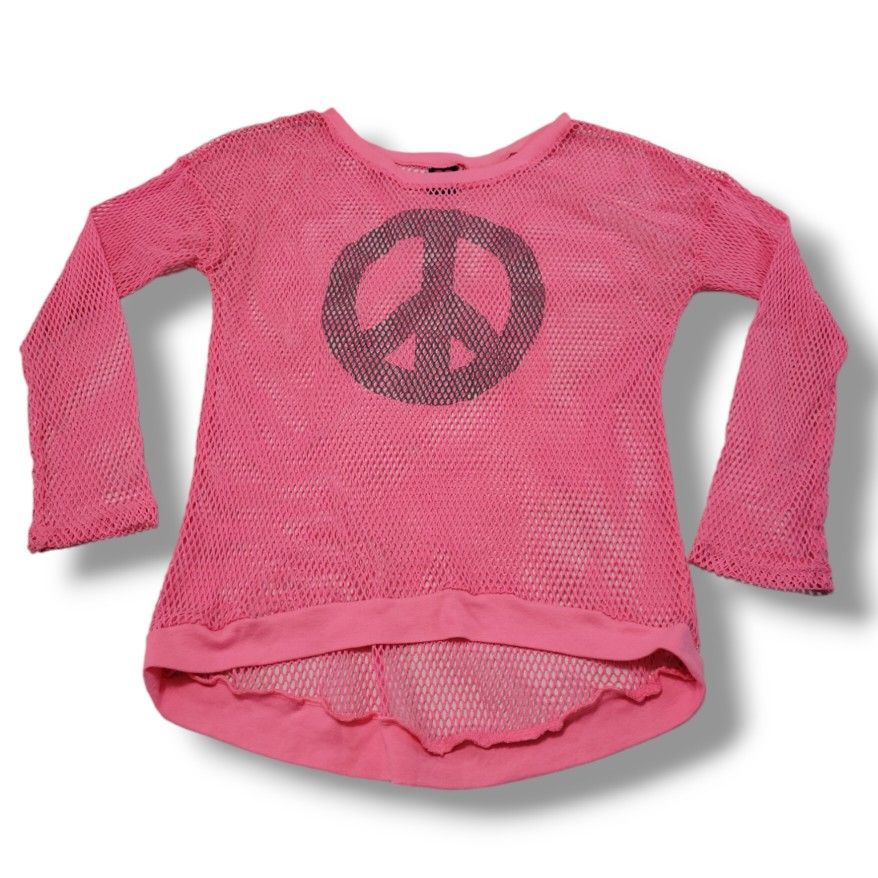 Hard Candy Top Size XL 15-17 Fishnet Shirt Cover Up Top Graphic Peace Logo Pink Measurements In Description