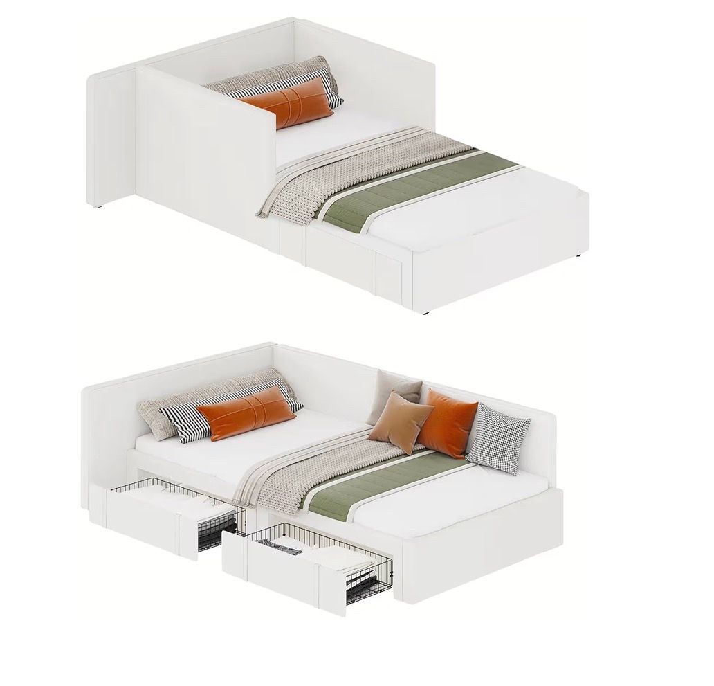 Garvee Twin Daybed with 2 Storage Drawers, Corner Bed Frame with Extended Headboard and Bed Rails, Velvet Upholstered Sofa Bed with Guardrail for Bedr