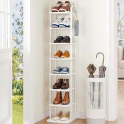 8 Tiers Vertical Shoe Rack, Narrow Shoe Tower, Tall Shoes Shelf with 2 Hooks
