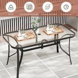 C193 $60  Patio 30"X 55" Rectangular Glass Table with 1.69″ Umbrella Hole Outdoor Dining Table for 6, with Powder-coated Metal Frame, 5mm Thickened Gl